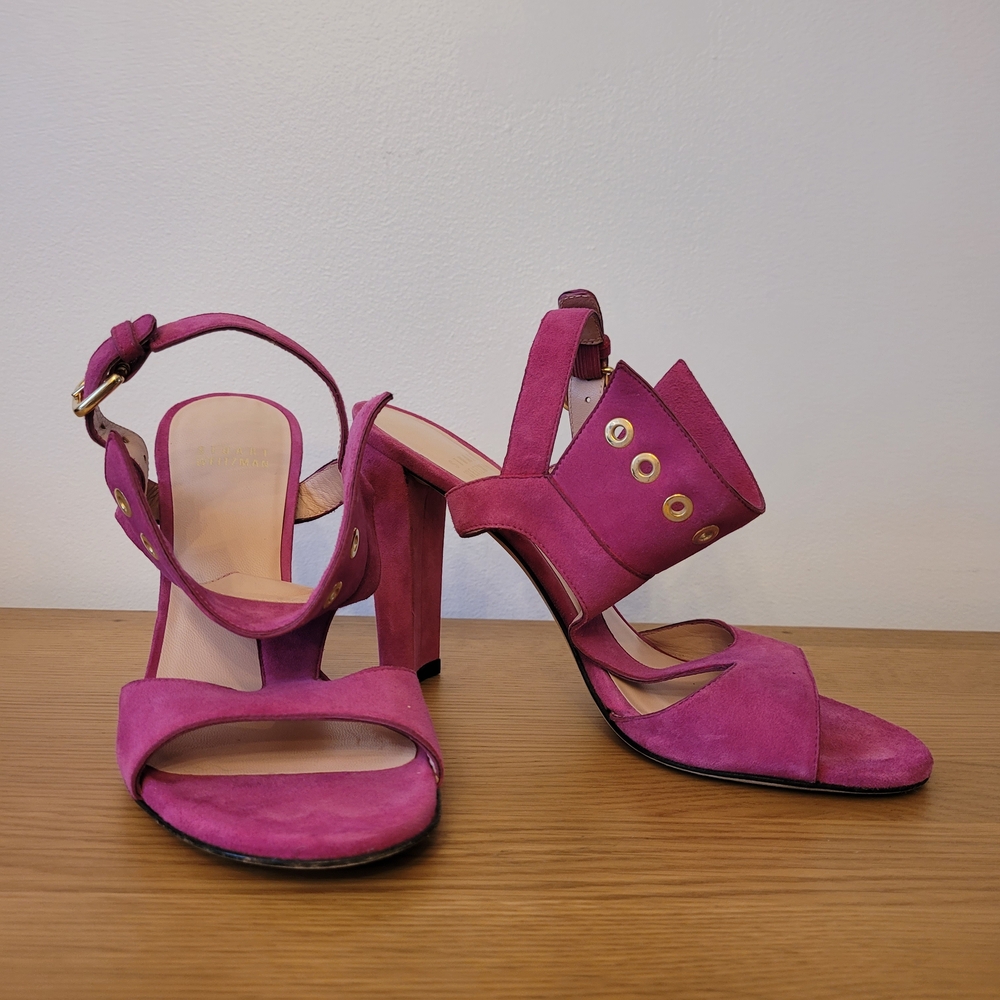 Stuart Weitzman Suede Open Toe French Cuff Stiletto Heels Size 7 Fushia Pink